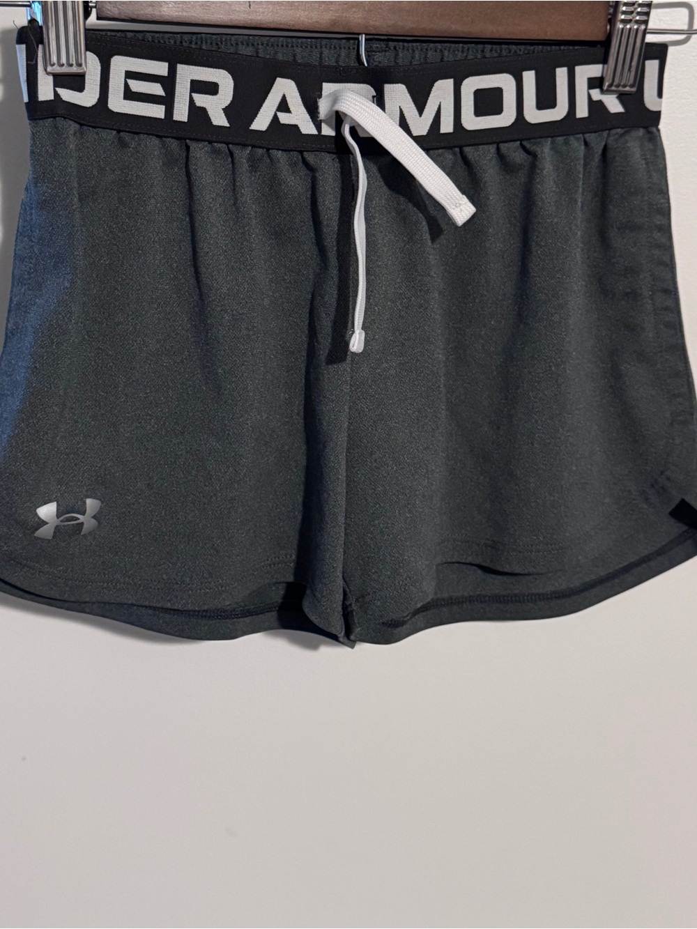 Under Armour Women's Dark Gray Athletic Shorts with White Waistband Logo